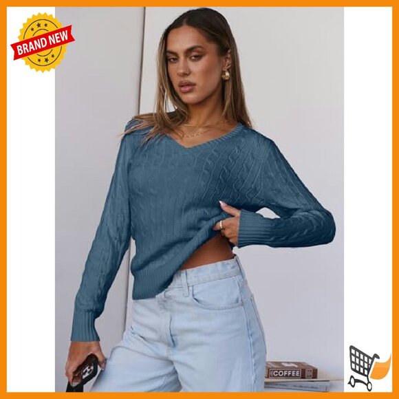 Slim Fit V-Neck Cable Knit Pullover Sweater Long Sleeve - Picture 6 of 8